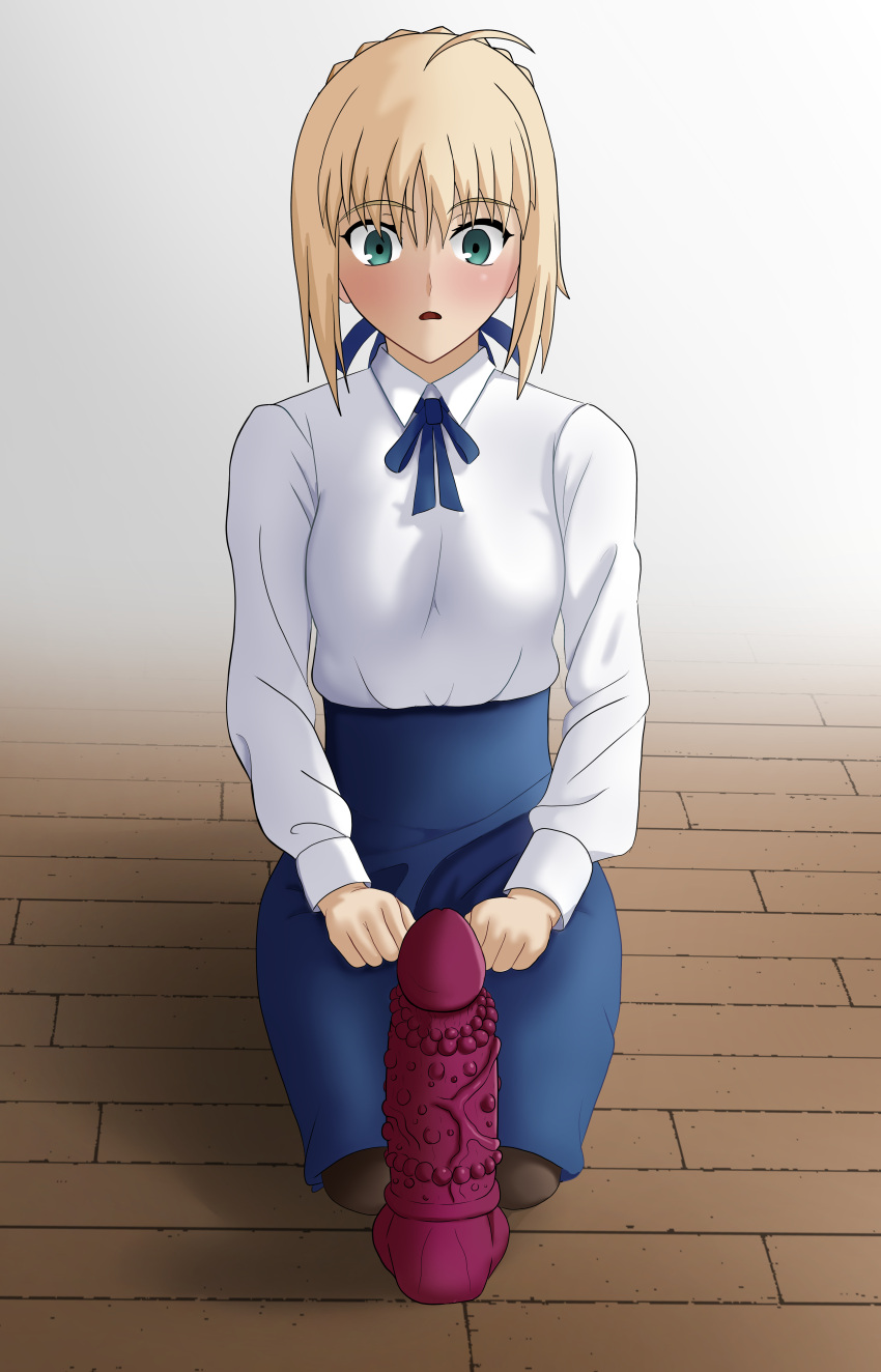 absurdres artoria_pendragon_(all) artoria_pendragon_(fate) blonde_hair dildo fate/grand_order fate/stay_night fate_(series) green_eyes highres noxdsa panties pantyhose saber sex_toy shy thighs torn_clothes torn_pantyhose underwear