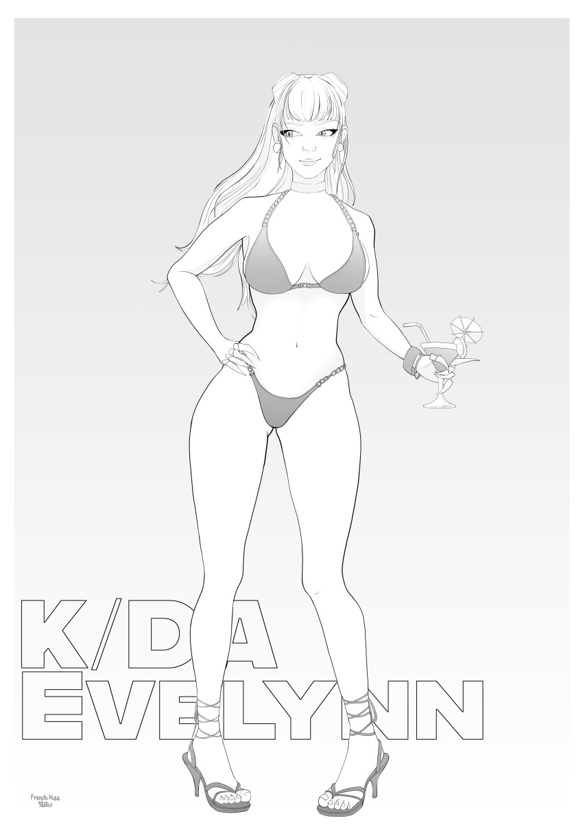 1girls alcohol big_breasts bikini bracelet breasts choker cleavage drink earrings evelynn eyeliner female french_kiss_studio greyscale high_heels hourglass_figure jewelry k/da_all_out_evelynn k/da_all_out_series k/da_series large_breasts league_of_legends legs line_art long_hair navel pinup shoes slim_waist solo swimsuit thighs wide_hips