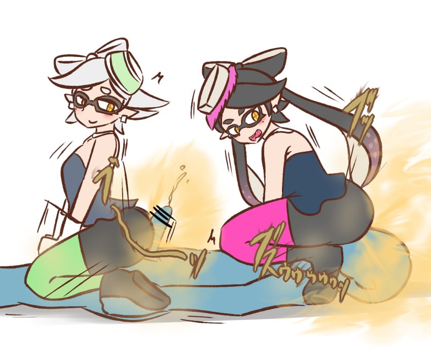 2girls ass callie_(splatoon) cum cumming ejaculation erection erection_under_clothes face_in_ass facefart faceless_male fart fart_cloud fart_fetish fart_on_dick farting farting_in_face female femdom male marie_(splatoon) penis splatoon water_noodle