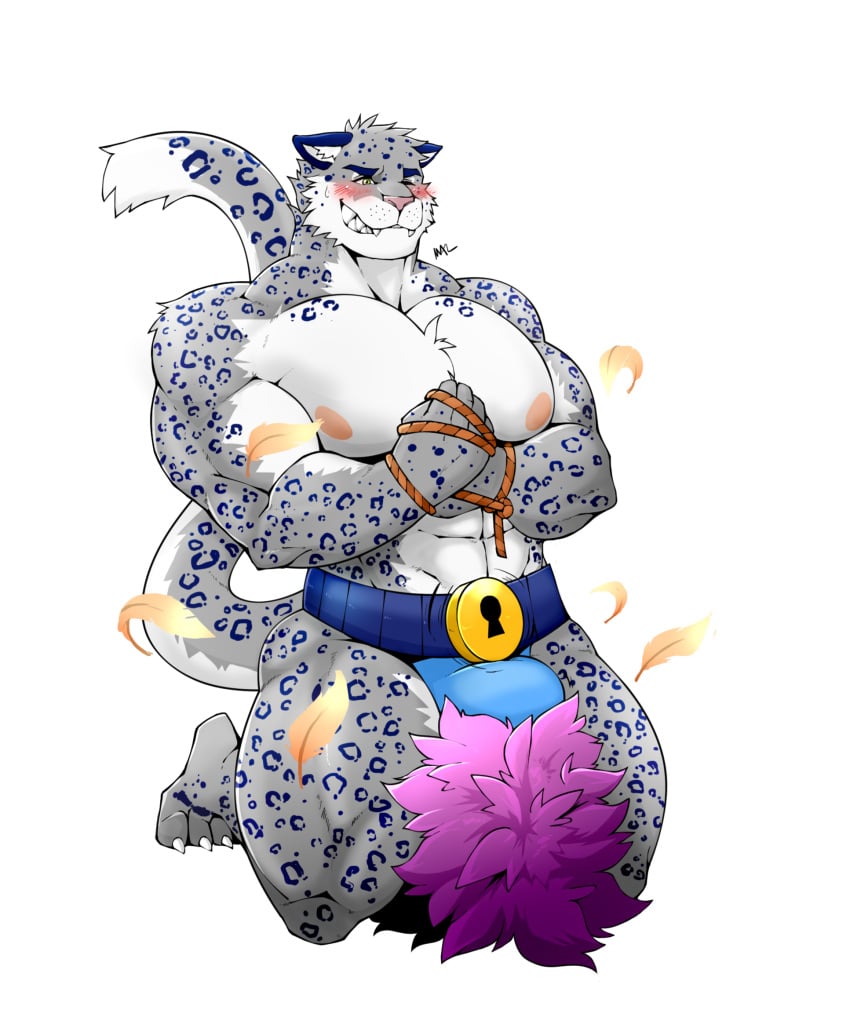 anthro bearpistol bulge feathers felid gay giggling hi_res male male_only mammal muscular nej_plumen pantherine pecs snow_leopard solo tickle_belt tickle_torture tickling