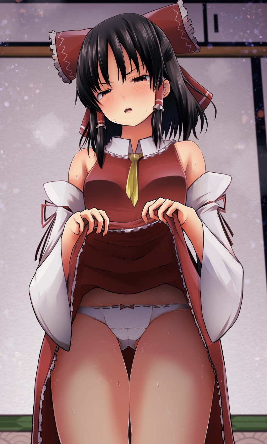 absurd_res ascot black_hair blush clothes_lift cowboy_shot detached_sleeves embarrassed female flashing glaring hair_tubes hairbow highres indoors kamunika lifted_by_self looking_at_viewer panties red_bow red_eyes red_skirt reimu_hakurei scowl shirt short_hair skirt skirt_lift solo standing sweat thigh_gap thighs touhou underwear white_panties wide_sleeves yellow_ascot