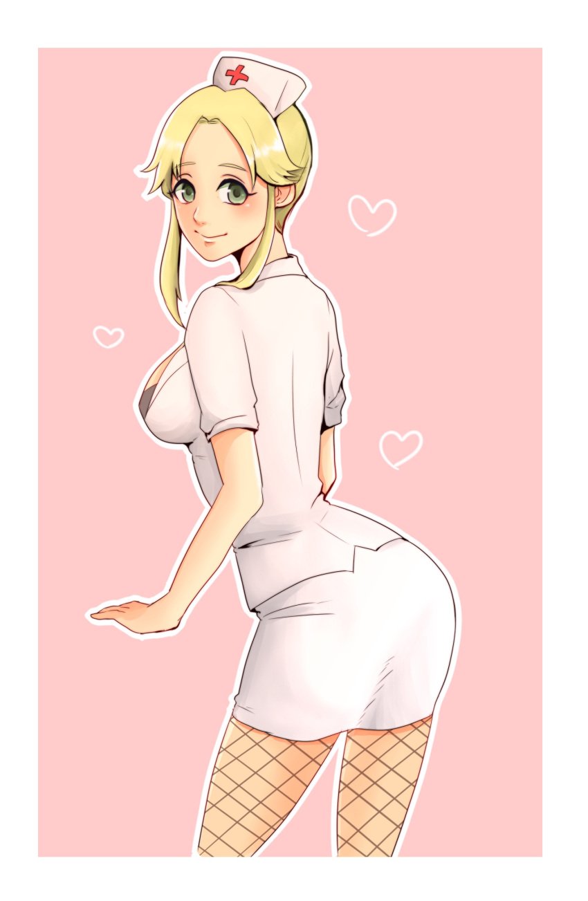 ass ass_in_dress blonde_hair female female_only fishnets fully_clothed green_eyes kaki_cachi kengan_(series) kengan_ashura looking_at_viewer looking_back medium_breasts nurse nurse_cap nurse_uniform pencil_skirt rear_view sideboob sidelocks smile solo yoshizawa_kokomi