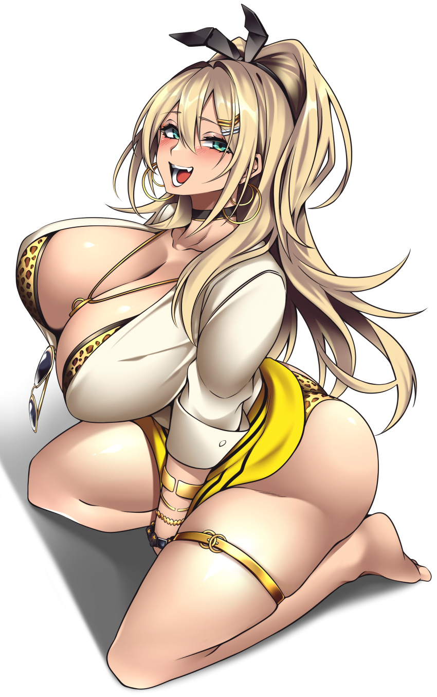 1girls absurdres accessory animal_print ass barefoot bikini bikini_under_clothes blonde_hair blush bow bra bracelet breasts camui_kamui_(hz_666v) choker cleavage collar curvaceous earrings eyewear_hang eyewear_removed female female_only glasses goddess_of_victory:_nikke green_eyes gyaru hair_bow hair_ornament highres hoop_earrings hourglass_figure huge_breasts jewelry kneeling kogal leopard_print leopard_print_bra leopard_print_panties looking_at_viewer mouth_open multiple_bracelets open_mouth panties ponytail rupee_(nikke) simple_background skirt smile solo sunglasses swimsuit tan tan-skinned_female tan_skin thick_thighs thigh_strap thighs tongue underwear white_background yellow_skirt