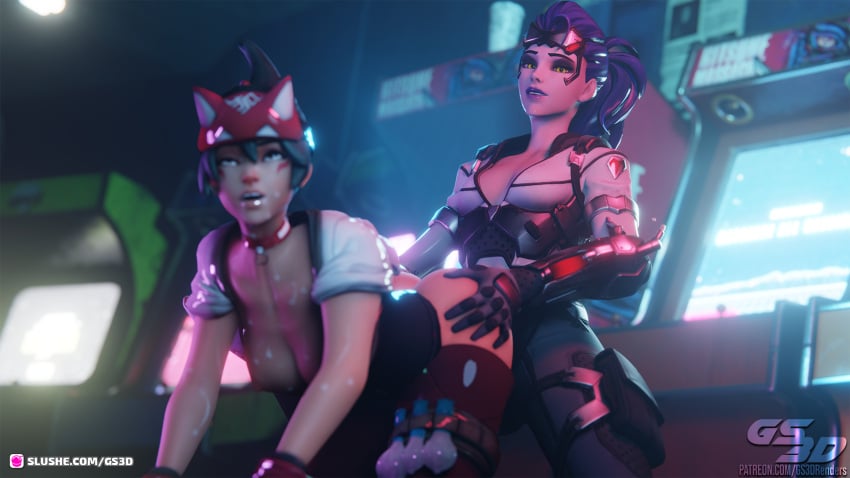 3d cum cum_drip cum_on_body cum_on_face doggy_style doggy_style_position gs3d kiriko_(overwatch) kiriko_kamori overwatch overwatch_2 slushe_(website) strap-on strapon talon_widowmaker widowmaker