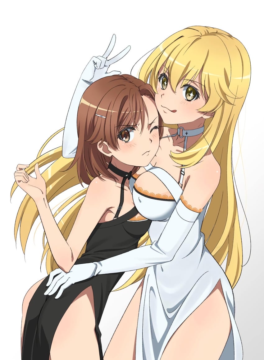 +_+ 2girls ass ass_grab bare_shoulders black_dress blonde_hair breasts brown_eyes cleavage clothing_cutout collarbone couple covered_erect_nipples covered_navel dress female gloves gradient gradient_background hand_on_another's_ass hand_on_ass hi_res hug large_breasts leg_cutout long_hair misaka_mikoto multiple_girls naguramu navel_visible_through_clothes nipples_visible_through_clothing no_panties one_eye_closed shokuhou_misaki skin_tight small_breasts standing teenage_girl teenager teenager_on_teenager to_aru_kagaku_no_railgun to_aru_majutsu_no_index tongue tongue_out white_background white_dress young yuri