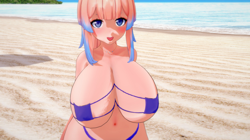 1girls big_breasts bikini blush breasts busty cleavage female female_only full_cleavage genshin_impact hatsu_3d huge_breasts koikatsu large_breasts navel sangonomiya_kokomi solo solo_female swimsuit thick_thighs thighs