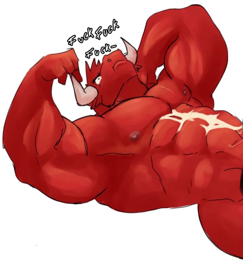 1boy abs anthro bara biceps bull censores cropped cum d3nji flexing flexing_bicep furry horns hunter_(toro_buull) ice_xhan male male_focus male_only mammal muscular muscular_male naked nervous nipples nude pecs red_body sketch solo text unfinished