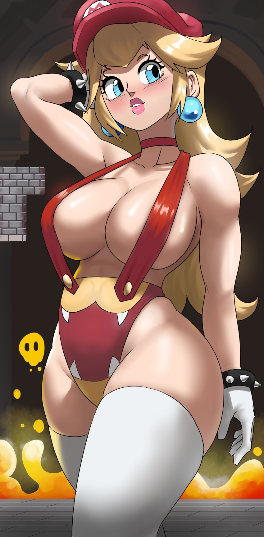 1girls blonde_hair blue_eyes breasts echosaber female hat hi_res hips huge_breasts indoors light-skinned_female light_skin long_hair mario_(cosplay) mario_(series) nintendo podoboo princess_peach solo super_mario_bros. thick_thighs thighs wide_hips