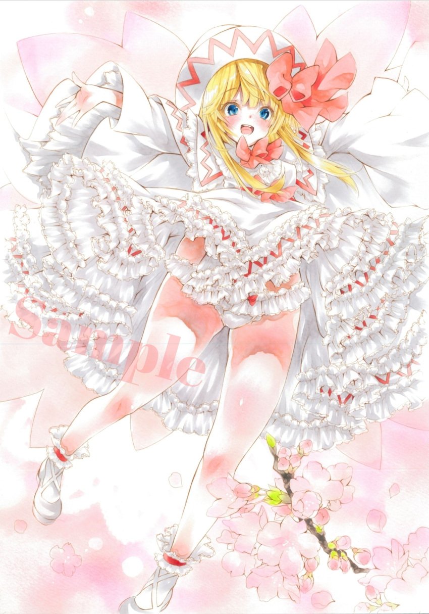 arim0k0 blonde_hair blue_eyes bow cherry_blossoms dress flower frills hat highres lily_white long_hair open_mouth petals sample_watermark touhou traditional_media underwear wide_sleeves wings