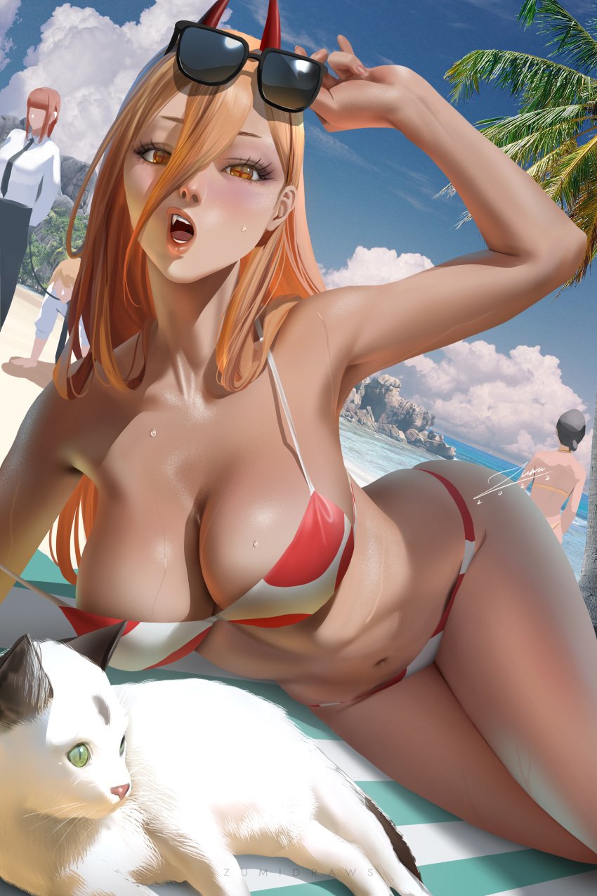 1boy armpits bangs beach bikini blonde_hair breasts chainsaw_man character_in_background cleavage denji_(chainsaw_man) fangs feline female female_focus hi_res higashiyama_kobeni horns large_breasts long_hair looking_at_viewer lying makima_(chainsaw_man) male meowy_(chainsaw_man) multiple_girls navel one_arm_up open_mouth power_(chainsaw_man) red_horns solo_focus sunglasses sunglasses_on_head thighs zumi