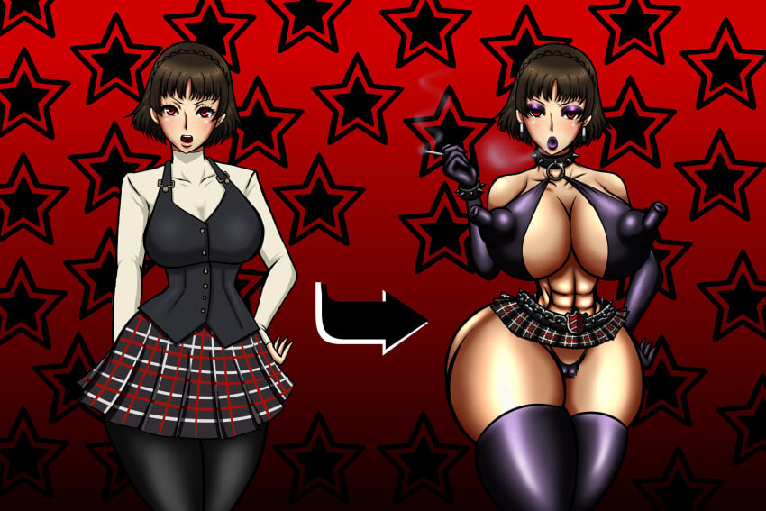 before_and_after bimbo bimbofication breast_expansion censored covered_nipples female huge_ass huge_breasts long_nipples makeup makoto_niijima mid_transformation my_(artist) persona persona_5 prostitution purple_lipstick revealing_clothes thick_thighs transformation