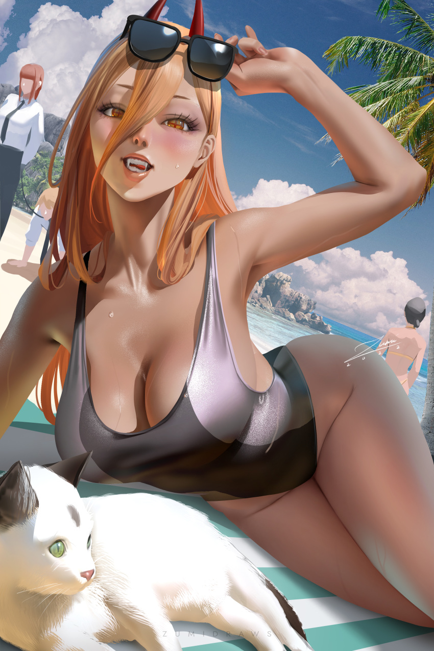 1boy armpits bangs beach blonde_hair breasts chainsaw_man character_in_background cleavage denji_(chainsaw_man) fangs feline female female_focus hi_res higashiyama_kobeni horns large_breasts long_hair looking_at_viewer lying makima_(chainsaw_man) male meowy_(chainsaw_man) multiple_girls navel one-piece_swimsuit one_arm_up open_mouth power_(chainsaw_man) red_horns solo_focus sunglasses sunglasses_on_head swimsuit thighs zumi