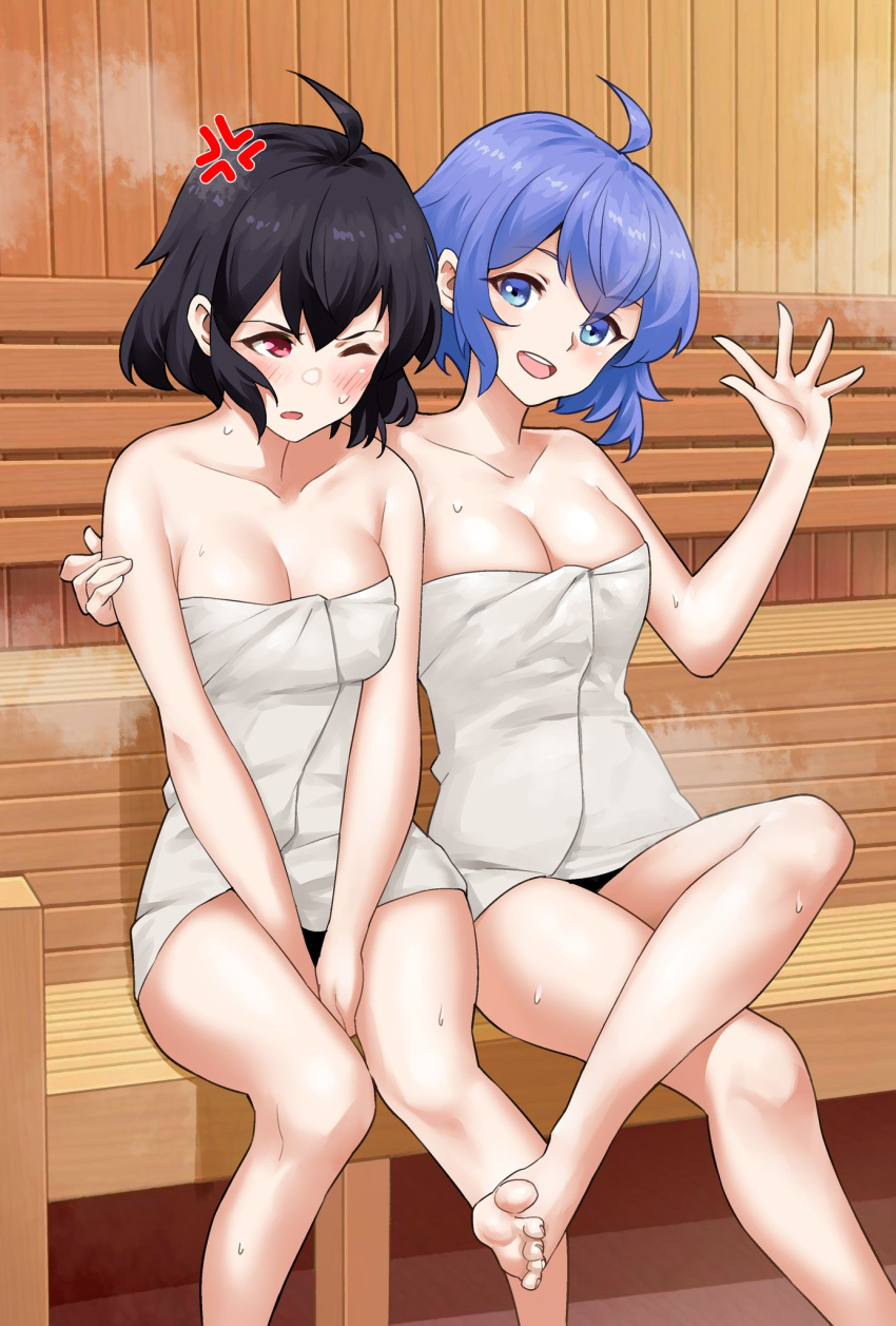 2girls ahoge anger_vein bare_legs bare_shoulders barefoot black_hair blue_eyes blue_hair breasts commission crossed_legs dual_persona english_commentary facing_viewer female female_only fire_emblem fire_emblem_awakening fire_emblem_heroes grima_(fire_emblem) highres igni_tion looking_at_another looking_at_viewer medium_breasts medium_hair morgan_(female)_(devoted_darkness)_(fire_emblem) morgan_(fire_emblem) morgan_(fire_emblem)_(female) multiple_girls multiple_persona naked_towel nintendo one_eye_closed red_eyes sauna short_hair sweating toes towel towel_only