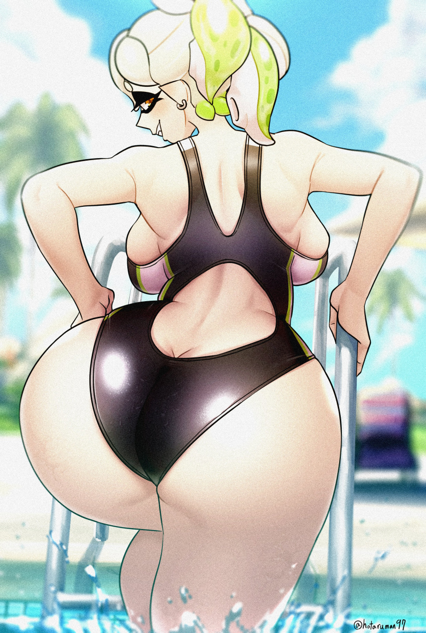 ass ass_focus backboob big_ass big_breasts big_butt bottom_heavy earrings hotaruman97 inkling inkling_girl marie_(splatoon) massive_ass massive_butt pool sideboob splatoon squid_sisters swimsuit tentacle_hair white_hair white_skin yellow_eyes