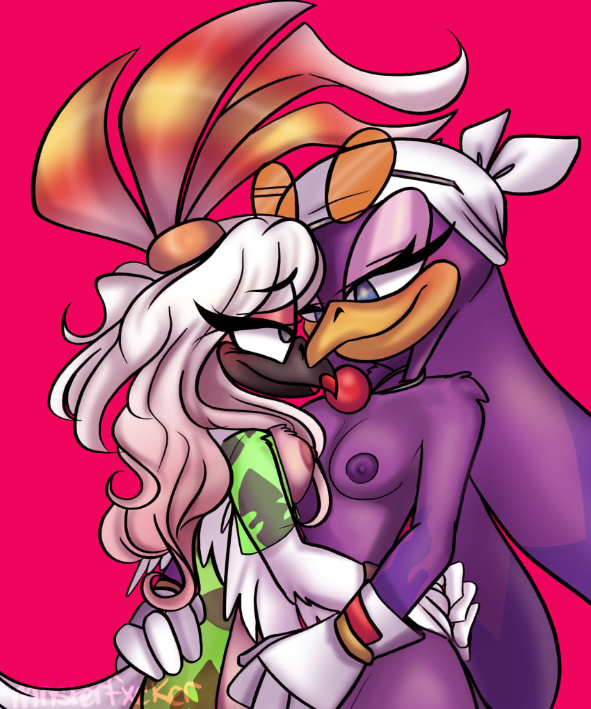 2girls absurd_res anthro avian bird breasts cecelia_the_cockatoo_(character) duo fan_character female female/female furry hi_res mnsterfxcker mostly_nude nipples nude oc original_character romantic romantic_couple sensual soft sonic_(series) sonic_oc wave_the_swallow