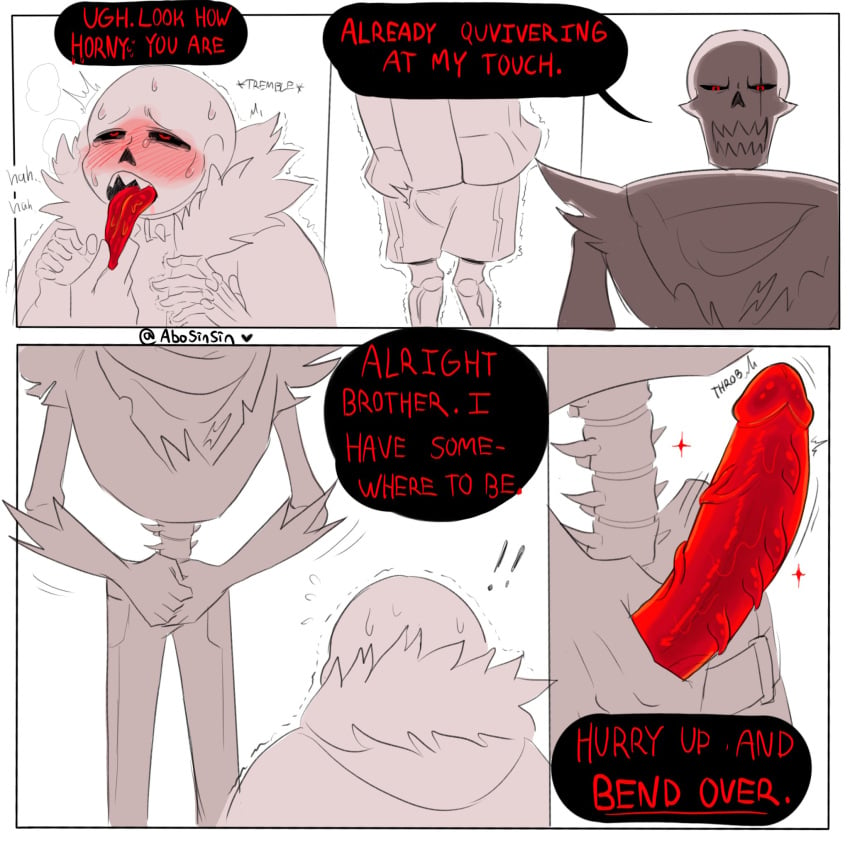 2boys 2d abosinsin alternate_universe animated_skeleton blush brothers comic comic_page dialogue ectopenis erection erection_under_clothes holding_tongue incest male male_only motion_lines papyrus papyrus_(underfell) papyrus_au penis red_penis sans sans_(underfell) sans_au skeleton spikes text throbbing underfell underfell_papyrus underfell_sans undertale undertale_(series) undertale_au veiny_penis