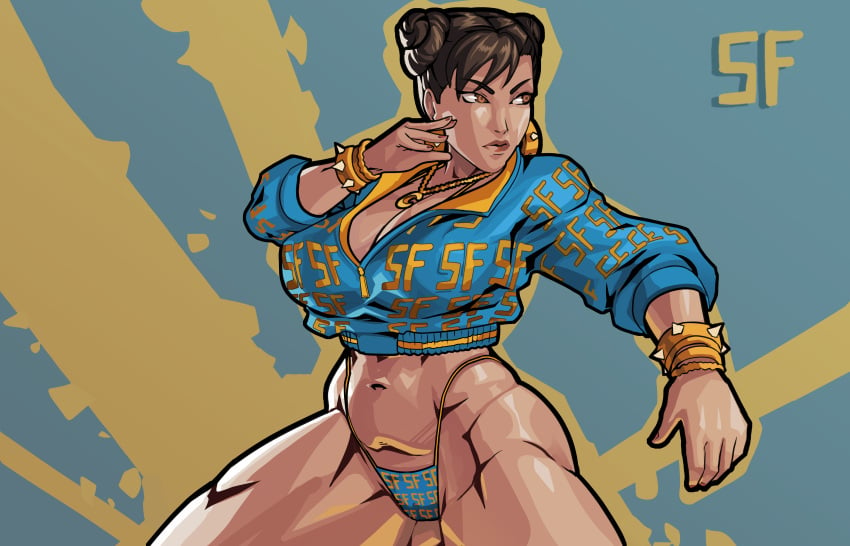 1girls action_pose alternate_costume alternate_version_available athletic athletic_female big_breasts bracelet breasts brown_eyes brown_hair busty capcom chun-li chun-li_(cover_girl) earrings equinox006 female female_focus female_only hourglass_figure navel pinup pinup_pose pose posing solo street_fighter tied_hair twin_buns wide_hips