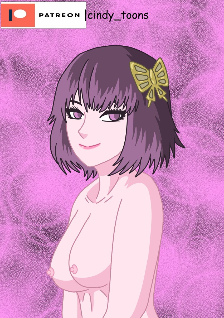 akiko_yosano bungo_stray_dogs butterfly_hair_ornament cindy_toons erect_nipples female large_breasts purple_eyes purple_hair short_hair smile solo