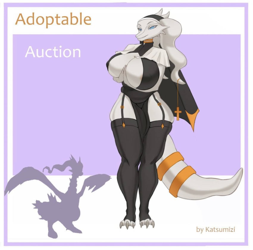 anthro anthro_only blue_eyes cross dragon dragon_girl dragoness female female_dragon female_focus female_pokemon fluffy fluffy_tail katsumizi legendary_pokémon nun pokémon_(species) pokemon reshiram shiny_reshiram thick thighhighs white_fur white_hair