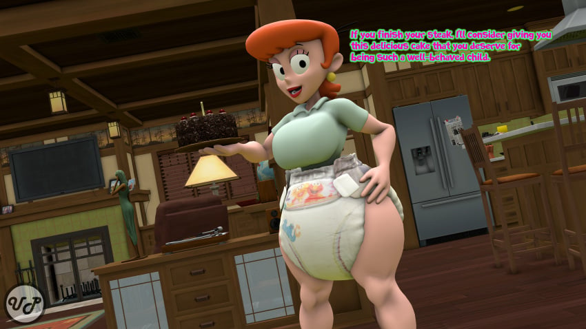 1girls 2022 3d 3d_(artwork) abdl cake chocolate_cake dexter's_laboratory dexter's_mom diaper english english_dialogue english_text milf orange_hair pampers unknownpublisher