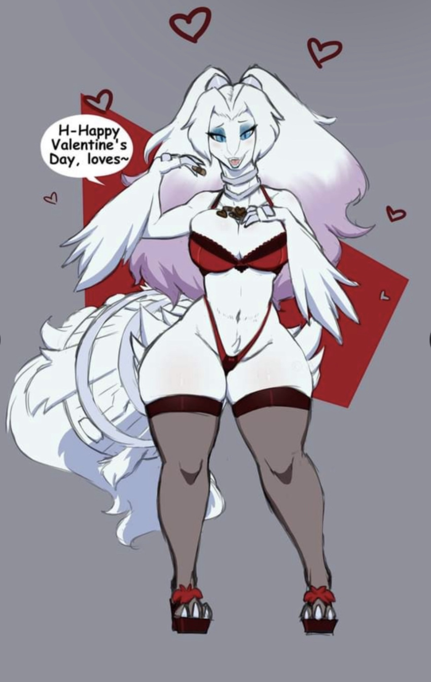 anthro anthrofied artz belly_button blush breasts clothing dragon dragon_girl dragoness eyeshadow female female_dragon female_pokemon fluffy fluffy_tail fur furred_dragon furry furry_only heart hi_res legendary_pokémon lingerie nintendo pokémon_(species) pokemon reshiram solo standing tail thick thick_thighs thighhighs valentine's_day white_fur white_hair