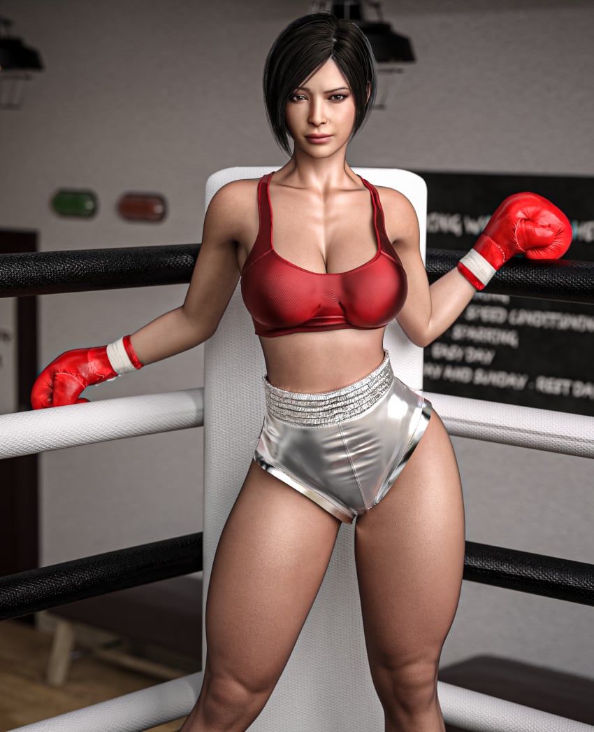 1girls 3d ada_wong ada_wong_(adriana) asian asian_female athletic athletic_female black_hair booty_shorts boxing boxing_gloves boxing_ring breasts capcom cleavage curvy curvy_female daz3d daz_studio female female_only fully_clothed gcb gloves hi_res large_filesize looking_at_viewer mature mature_female pinup red_boxing_gloves red_gloves resident_evil resident_evil_2 resident_evil_2_remake short_hair solo solo_female thick_thighs thighs