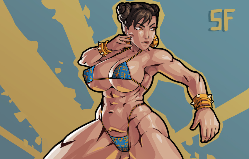 1girls action_pose alternate_costume alternate_version_available athletic athletic_female big_breasts bracelet breasts brown_eyes brown_hair busty capcom chun-li chun-li_(cover_girl) earrings equinox006 female female_focus female_only hourglass_figure navel pinup pinup_pose pose posing solo street_fighter tied_hair twin_buns wide_hips