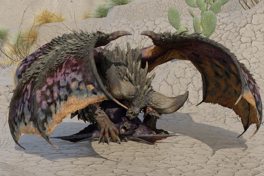 3:2 ambiguous_gender beak blender_(software) capcom claws digital_media_(artwork) dragon duo elder_dragon feral feral_on_feral flying_wyvern fur hi_res horn monster_hunter muscular nargacuga nergigante open_mouth scales scalie teeth thiccacuga tongue video_games wings wyvern