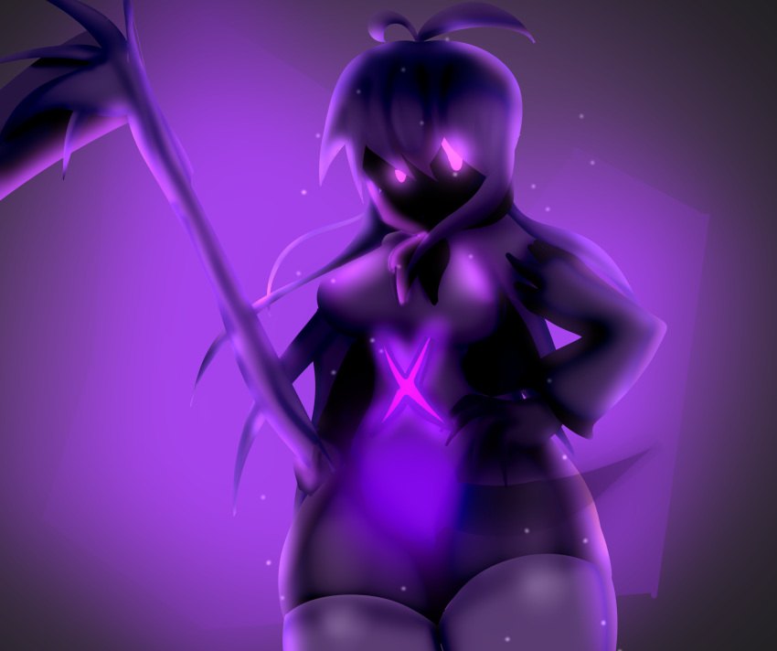 1girls dark_skin female female_only feminization gamma_gleaming_loomian glowing_eyes loomian loomian_legacy nevermare purple_hair roblox roblox_game scythe simple_background sparkle thigh_highs thighs wide_hips wisp x_marking