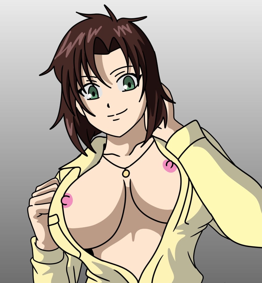 1girls big_breasts brown_hair cindy_toons cleavage erect_nipples female green_eyes human large_breasts natsumi_tsujimoto necklace nipples pale-skinned_female pale_skin policewoman short_hair smile solo taiho_shichauzo