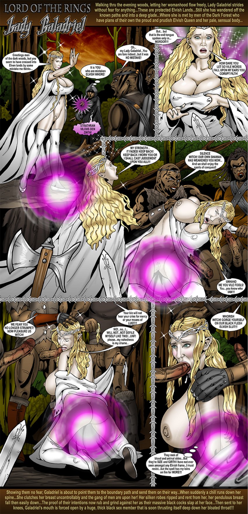 1girls areolae big_breasts blonde_hair blowjob blue_eyes breasts comic dark-skinned_male dark_skin dialogue elf elf_ears elf_female english_text fellatio female forced galadriel gangbang huge_breasts interracial large_breasts lord_of_the_rings magic male multiple_boys nipples oral oral_sex pointy_ears rape sex smudge speech_bubble straight text thought_bubble