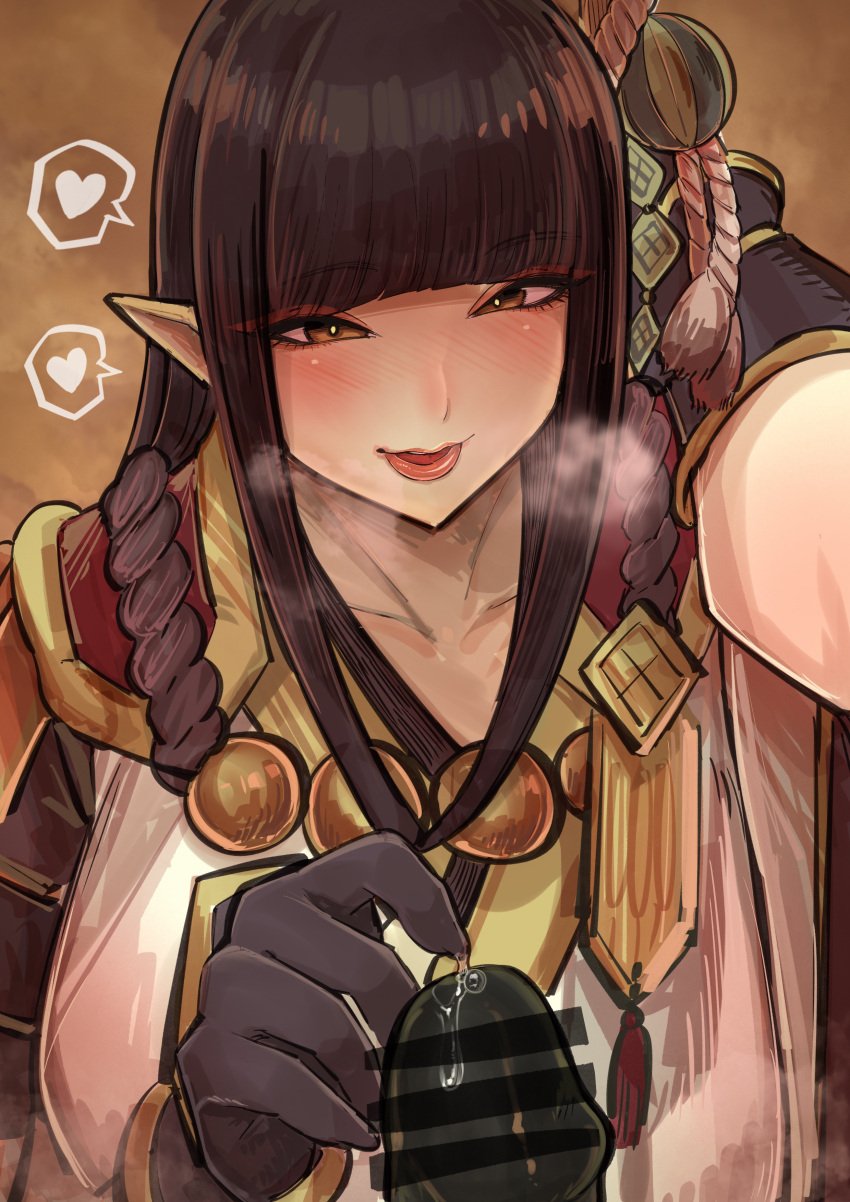 absurdres bangs blunt_bangs blush brown_background brown_eyes brown_hair chichi8181 chichi_8181 commentary_request female gloves hair_ornament half-closed_eyes heart highres hinoa lips lipstick long_hair monster_hunter monster_hunter_(series) open_mouth penis pointy_ears precum sidelocks solo_focus speech_bubble spoken_heart straight_hair wyverian