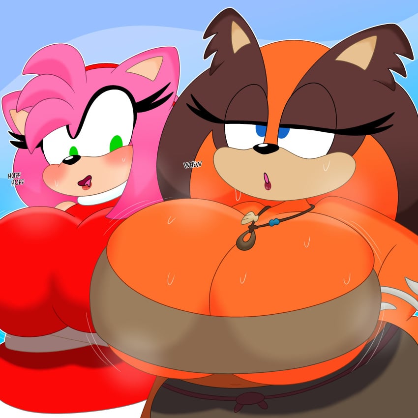 2girls 3barts amy_rose amy_rose_(boom) anthro badger big_breasts blush breasts busty cleavage clothing drooling female female_only heavy_breathing hedgehog huge_breasts large_breasts looking_at_breasts sonic_(series) sonic_boom sonic_the_hedgehog_(series) sticks_the_badger sweat wide_hips