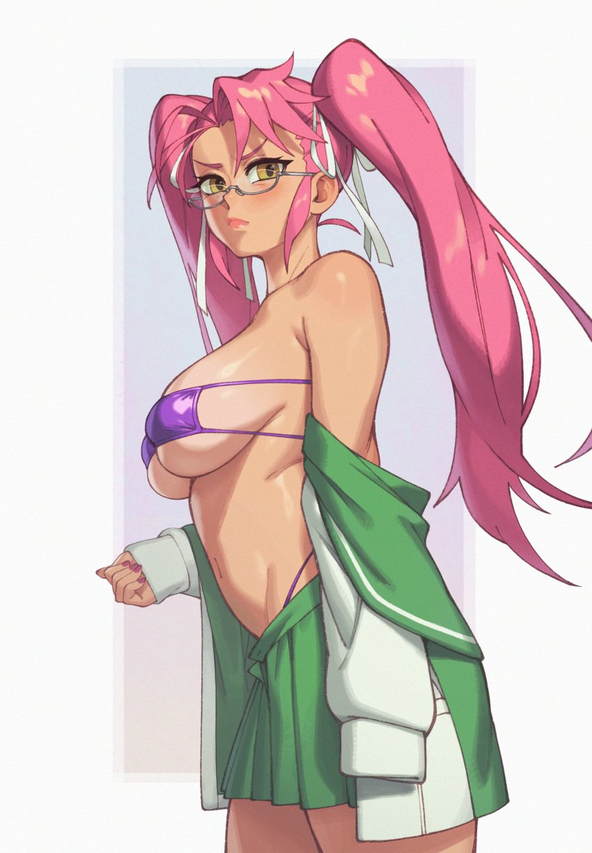 1girls 2022 big_breasts bikini bikini_top blush breasts eyepatch_bikini female female_only glasses highschool_of_the_dead large_breasts long_hair looking_to_the_side magenta_nails nail_polish pink_hair pink_nails rizdraws saya_takagi skirt solo solo_female swimsuit thick twintails underboob voluptuous yellow_eyes