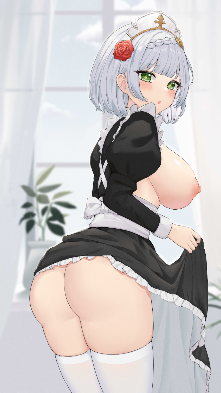 1girls ass breasts_out busty female female_only genshin_impact green_eyes large_breasts maid nipples no_panties noelle_(genshin_impact) short_hair solo solo_female thighhighs uka_(315302627) white_hair