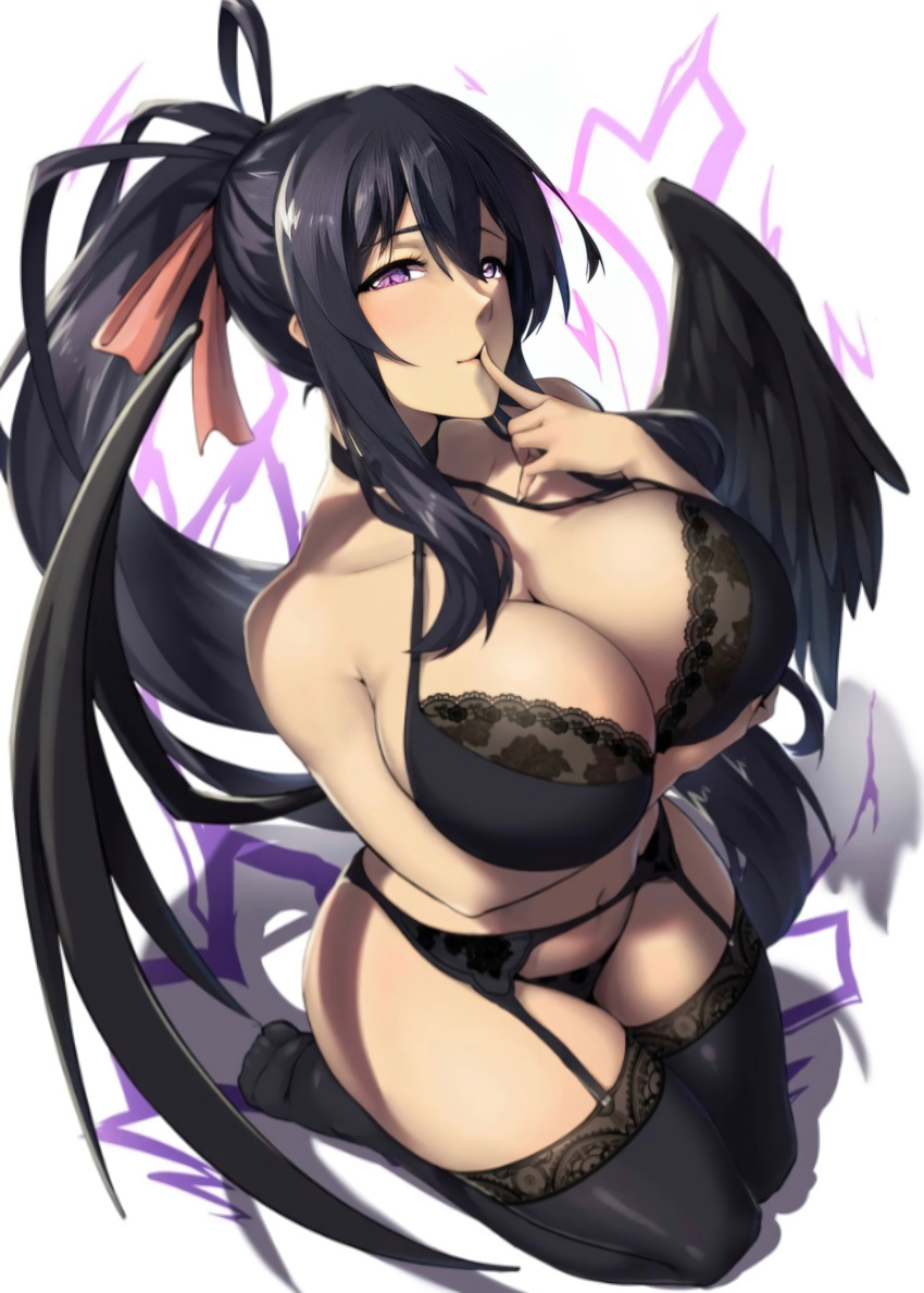 1girls akeno_himejima ara_ara arms_under_breasts asymmetrical_bangs asymmetrical_wings bangs big_breasts black_hair black_lingerie blush bra breasts cleavage curvy devil fallen_angel female female_focus female_only finger_to_mouth garter_belt garter_straps hair_ribbon high_school_dxd huge_breasts kneeling lingerie long_hair navel packge ponytail purple_eyes seiza simple_background slight_smile solo solo_female solo_focus stockings thick_thighs thighhigh_stockings thighhighs wings