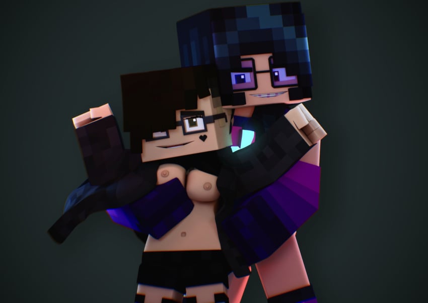 3d arms_up black_hair bra breasts clothed flutch flutch_(flutch) flutchnsfw glasses glowing_clothes grabbing grabbing_breasts grabbing_from_behind gray_background grey_background grey_jacket hair_over_one_eye height_difference imminent_sex jacket lifting_shirt looking_back mine-imator minecraft minecraft_youtubers mori_rose_(morirosemc) nipples open_clothes open_jacket shaved_side shorts smirk smirking tagme tinted_eyewear