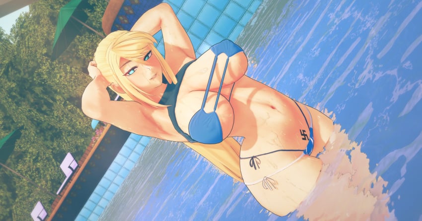 armpits arms_behind_head arms_up bikini bleachedartoria blonde_hair blue_eyes huge_ass huge_breasts large_breasts looking_at_viewer metroid nazi samus_aran smile swastika thick_thighs