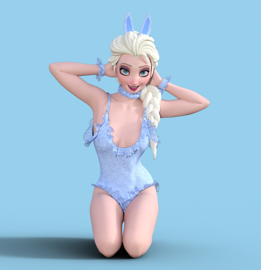 3d 3d_(artwork) blonde_hair blue_eyes bunnysuit disney elsa_(frozen) flirting frozen_(film) kneeling sugamunda