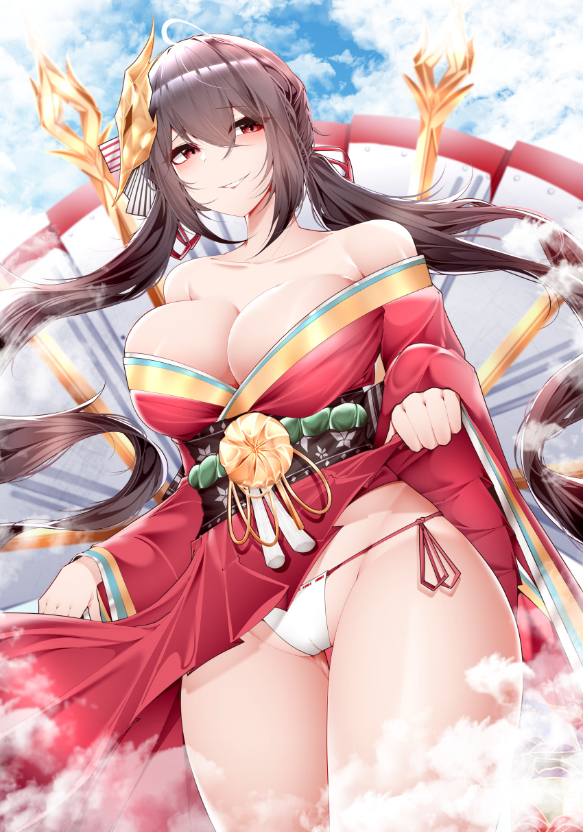 1girls azur_lane black_hair breasts cleavage female flashing_panties hi_res huge_breasts kimono light-skinned_female light_skin long_hair naughty_face outdoors panties red_clothing red_eyes samip skirt_lift smile taihou_(azur_lane) thick_thighs thighs twintails white_panties