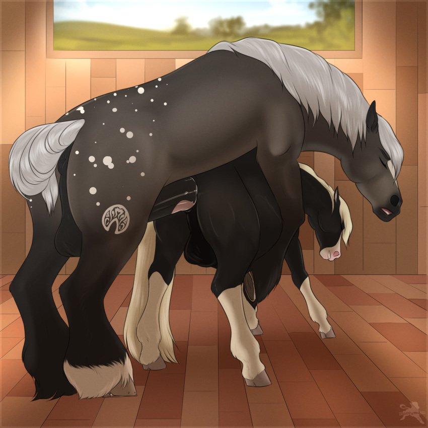 1:1 2022 anal anal_sex animal_genitalia animal_penis balls closed_eyes digital_media_(artwork) draft_horse duo equid equine equine_anus equine_penis facial_markings feathering feral feral_only fluffymare from_behind_position fur genitals hair head_markings hi_res hooves horse inktober inktober_2022 kinktober light male male/male male_penetrated male_penetrating male_penetrating_male mammal mane markings mounting multicolored_body open_mouth penetration penis sable_(stonebeards) sex size_difference sunlight teeth two_tone_body wall_(structure) white_hair white_mane white_tail wood_floor wood_wall