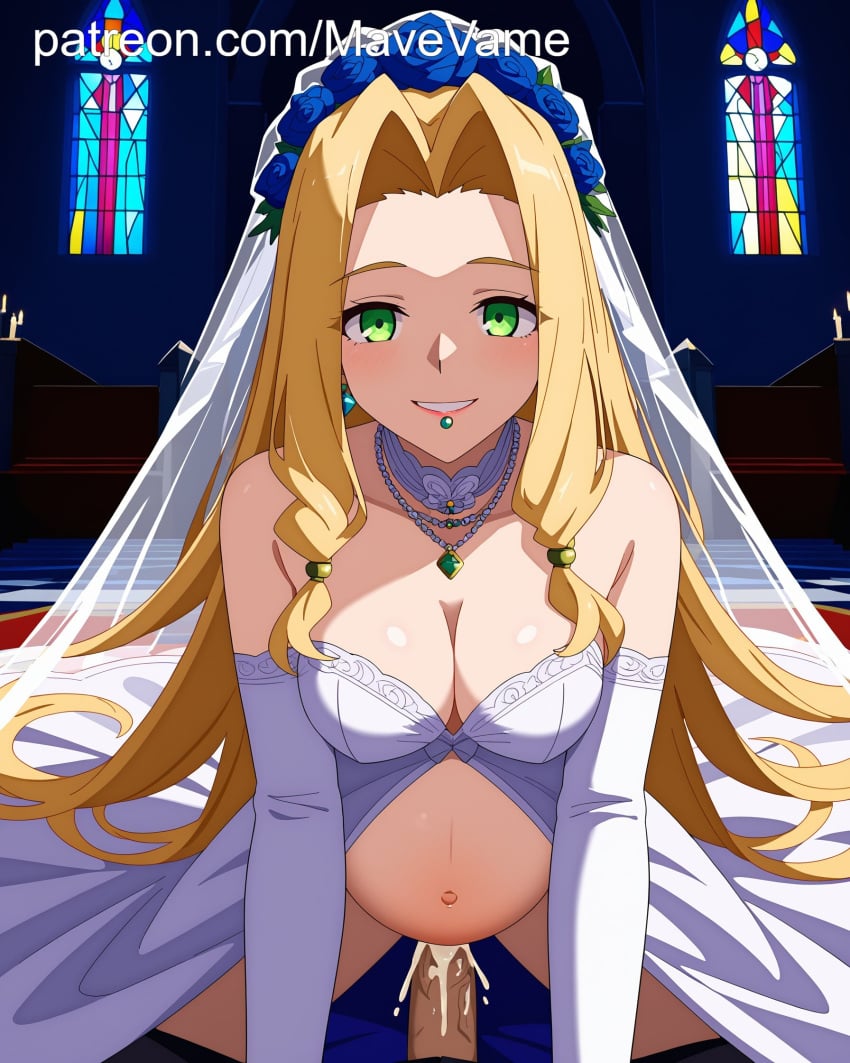 ai_generated blonde_hair bride cowgirl_position cum cum_in_pussy cum_inside earrings fate/grand_order green_eyes lips_piercing pregnant pregnant_sex quetzalcoatl_(fate) smile wedding_dress