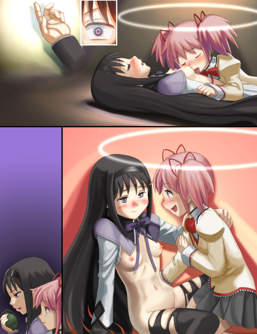 akemi_homura blush female licking madoka_kaname mahou_shoujo_madoka_magica multiple_girls navel small_breasts youkai_ankake yuri