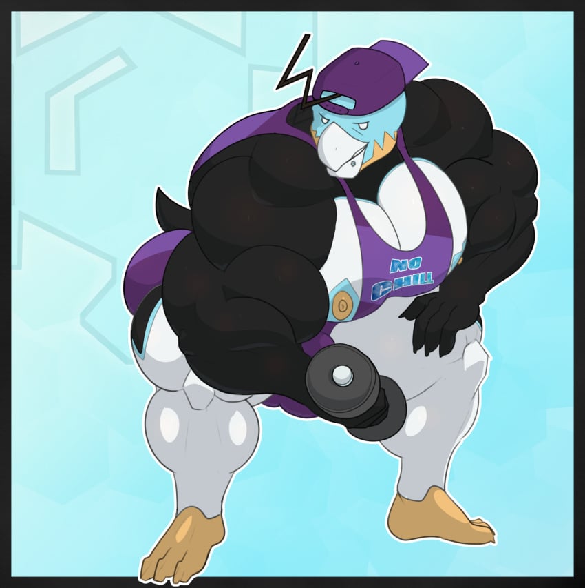 anthro ass athletic_wear avian backwards_baseball_cap backwards_hat baseball_cap beak biceps big_muscles bird black_body bottomwear bulge clothed clothing detailed_bulge digital_media_(artwork) dumbbell eiscue english_text exercise feet generation_8_pokemon gym_bottomwear gym_shorts hat headgear headwear hi_res huge_muscles hyper hyper_muscles looking_at_viewer male muscular muscular_anthro muscular_male nintendo nipples noice_face_eiscue pecs plantigrade pokemon pokemon_(species) seaserpenttailor shirt shorts simple_background smile solo sportswear tail teeth text text_on_clothing text_on_shirt text_on_topwear toes topwear weightlifting weights white_body workout