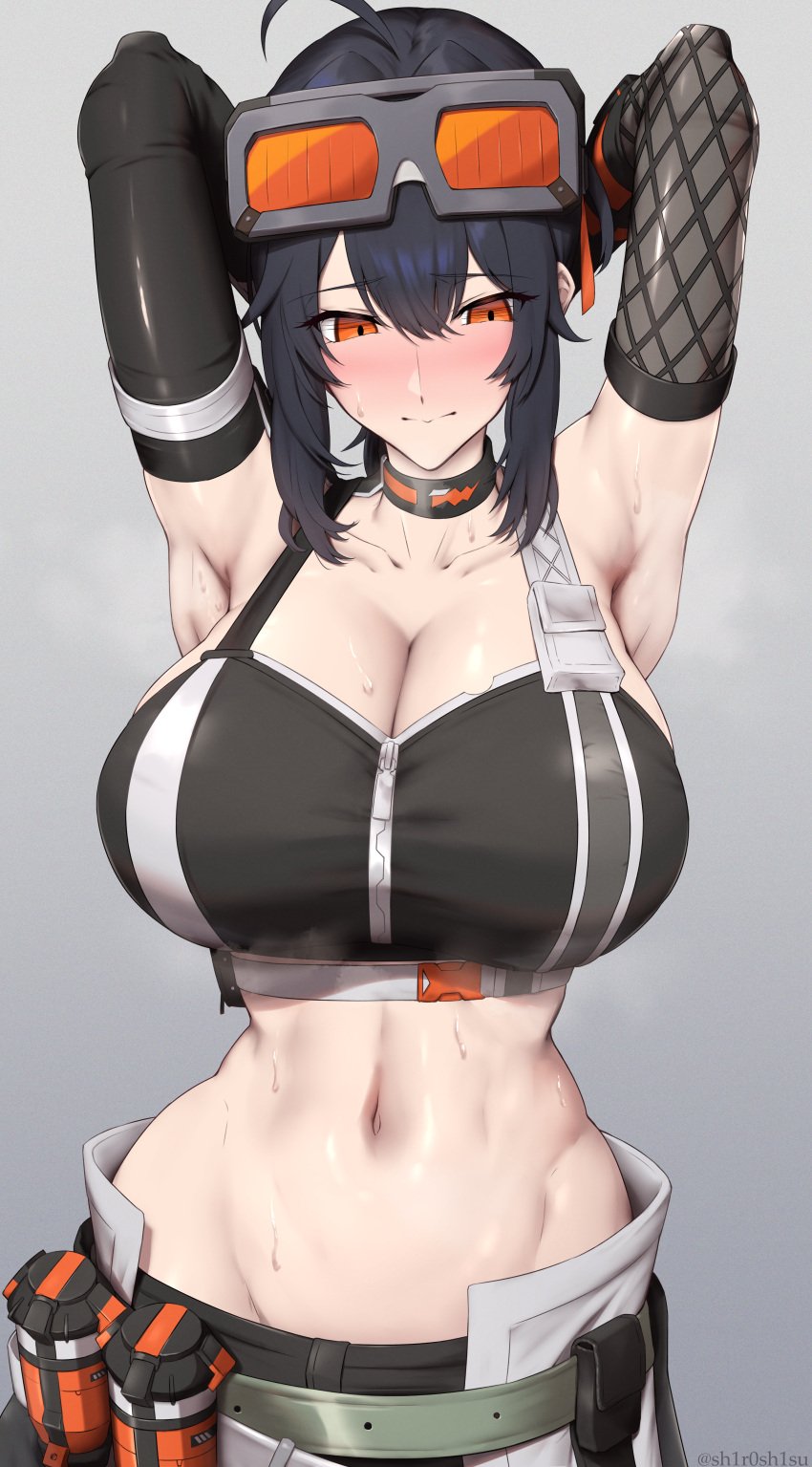 1girls absurd_res armpits arms_up black_hair breasts clothed clothed_female female grace_howard large_breasts light-skinned_female light_skin midriff naughty_face shiroshisu zenless_zone_zero
