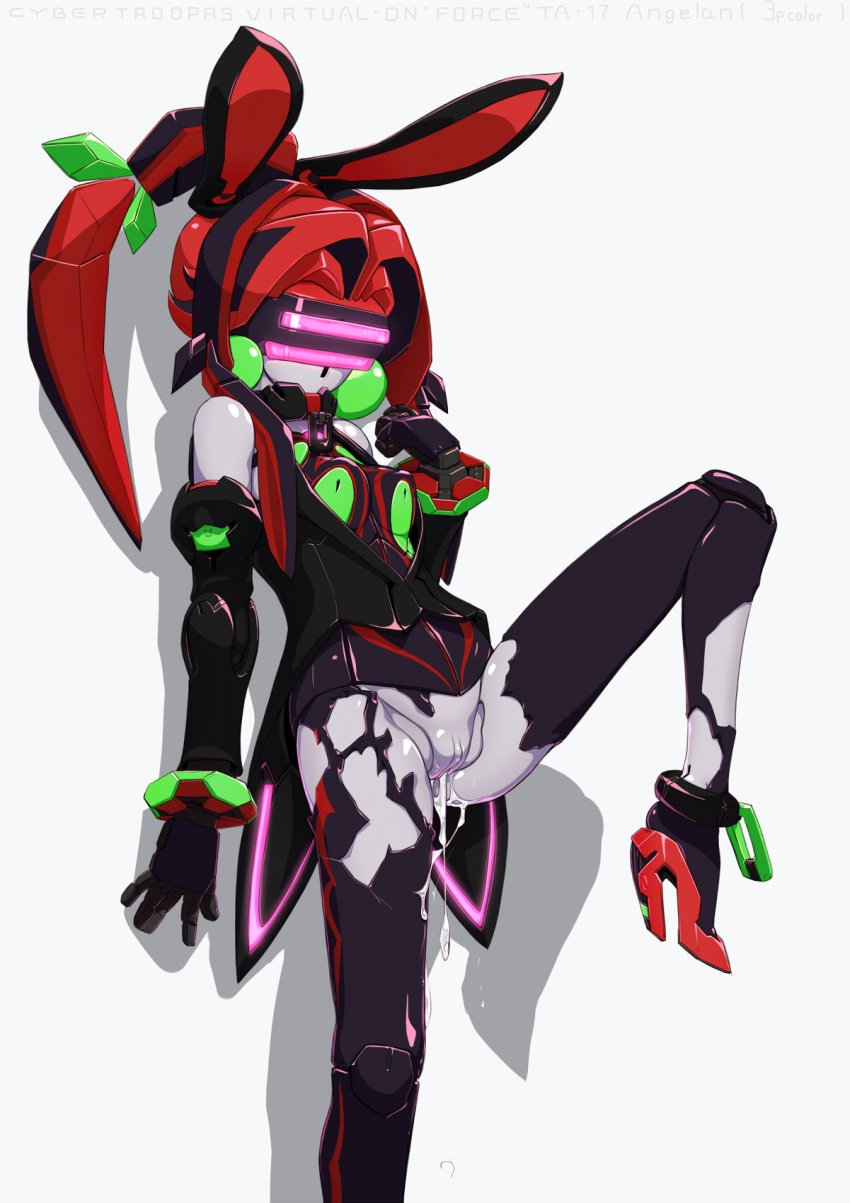 android animal_ears black breasts bunny_ears clothes creampie cum cum_inside cumdrip doll_joints high_heels highres leg_lift machine mecha_musume musen-shiki_sanhankikan open_clothes open_shirt pantyhose pussy red red_hair robot robot_girl shirt torn_clothes torn_pantyhose vagina virtual_on