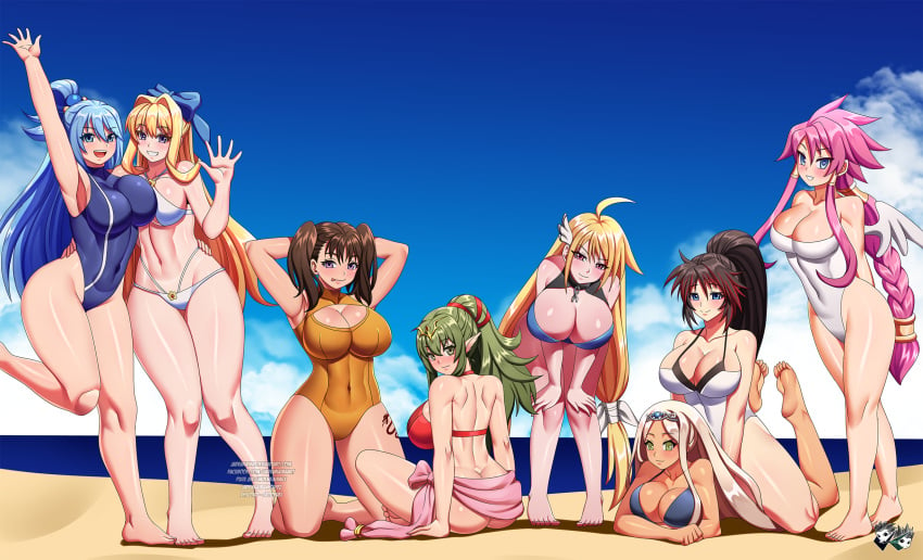 6+girls 8girls alternate_costume angeloid aqua_(konosuba) artina ass astraea astraea_(sora_no_otoshimono) asymmetrical_docking beach bikini breast_press breasts cleavage crossover diane_(nanatsu_no_taizai) disgaea disgaea_3 disgaea_4 female female_only fire_emblem fire_emblem_awakening fire_emblem_heroes jadenkaiba kadokawa_shoten kono_subarashii_sekai_ni_shukufuku_wo! large_ass large_breasts multiple_girls nanatsu_no_taizai nanbu_kaguya nintendo nippon_ichi_software ocean official_alternate_costume outdoors pose project_x_zone red_bikini red_swimsuit sapphire_rhodonite sarong seaside shiny_skin sora_no_otoshimono swimsuit the_pose thick_thighs thighs thighs_together tiki_(adult)_(fire_emblem) tiki_(adult)_(summer)_(fire_emblem) tiki_(fire_emblem)