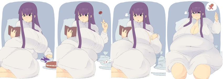 1girls belly big_belly big_breasts breasts eating fat female fern_(sousou_no_frieren) food huge_breasts long_hair napolitane navel overweight_female purple_hair sequence sousou_no_frieren speech_bubble weight_gain