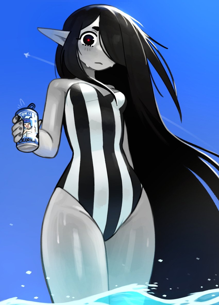 black_hair gris_(vertigris) holding_drink licorice_(yoadriandk) one-piece_bikini swimsuit vampire yoadriandk