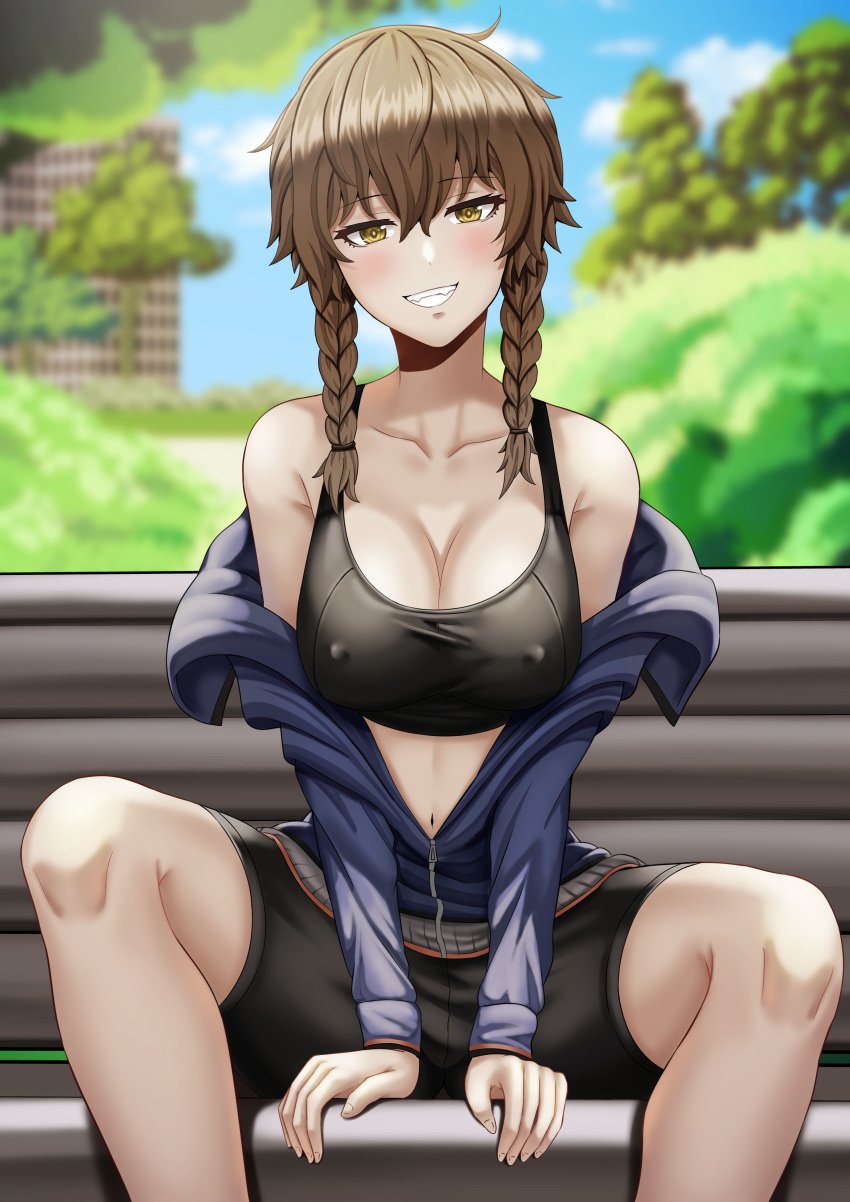 1girls amane_suzuha athletic athletic_female bare_shoulders bench bike_shorts black_bike_shorts black_sports_bra blue_jacket braided_hair brown_eyes brown_hair cleavage erect_nipples erect_nipples_under_clothes female fully_clothed grin jacket_off_shoulders knees medium_breasts nipples_visible_through_clothing outdoors saikunartworks sitting sitting_on_bench smile solo sports_bra steins;gate tomboy track_jacket twin_braids